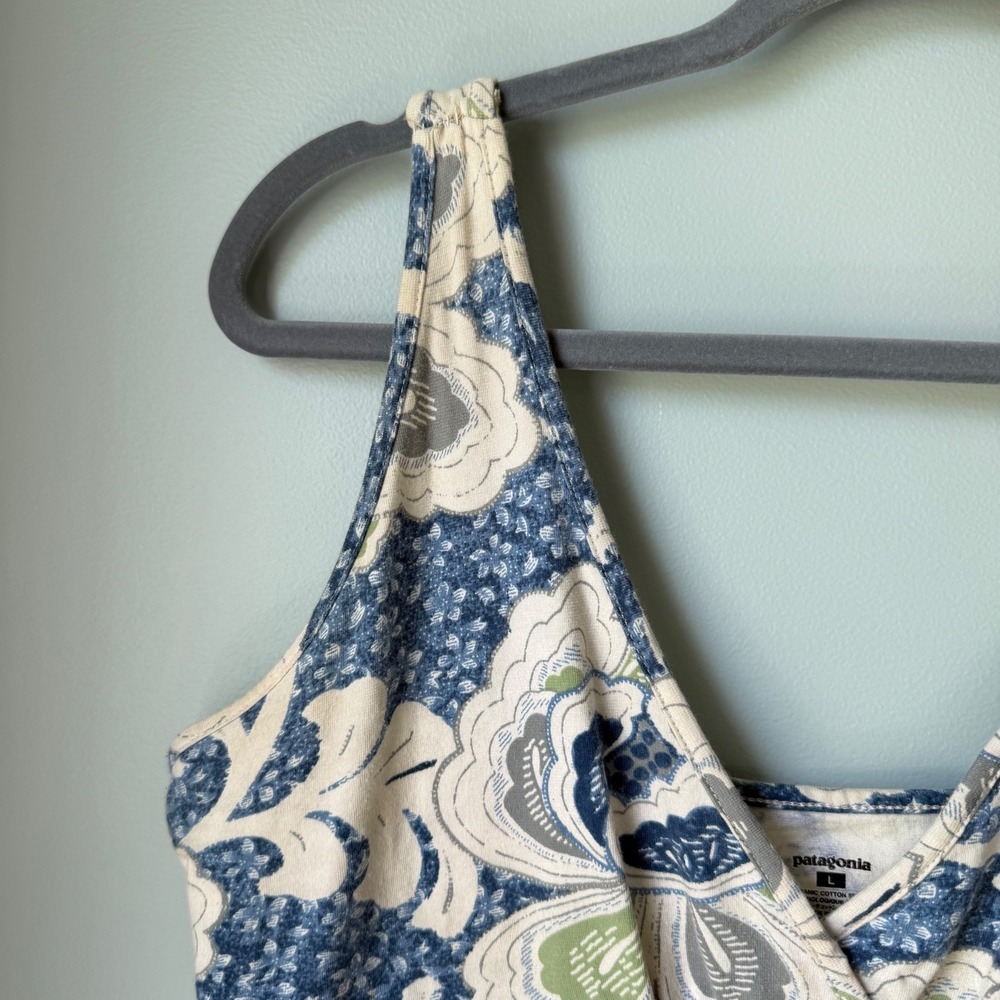 Patagonia Margo Dress Organic Cotton Blue Green Floral Sleeveless V-Neck Large - Picture 4 of 14